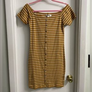 Striped yellow off the shoulder form fit dress